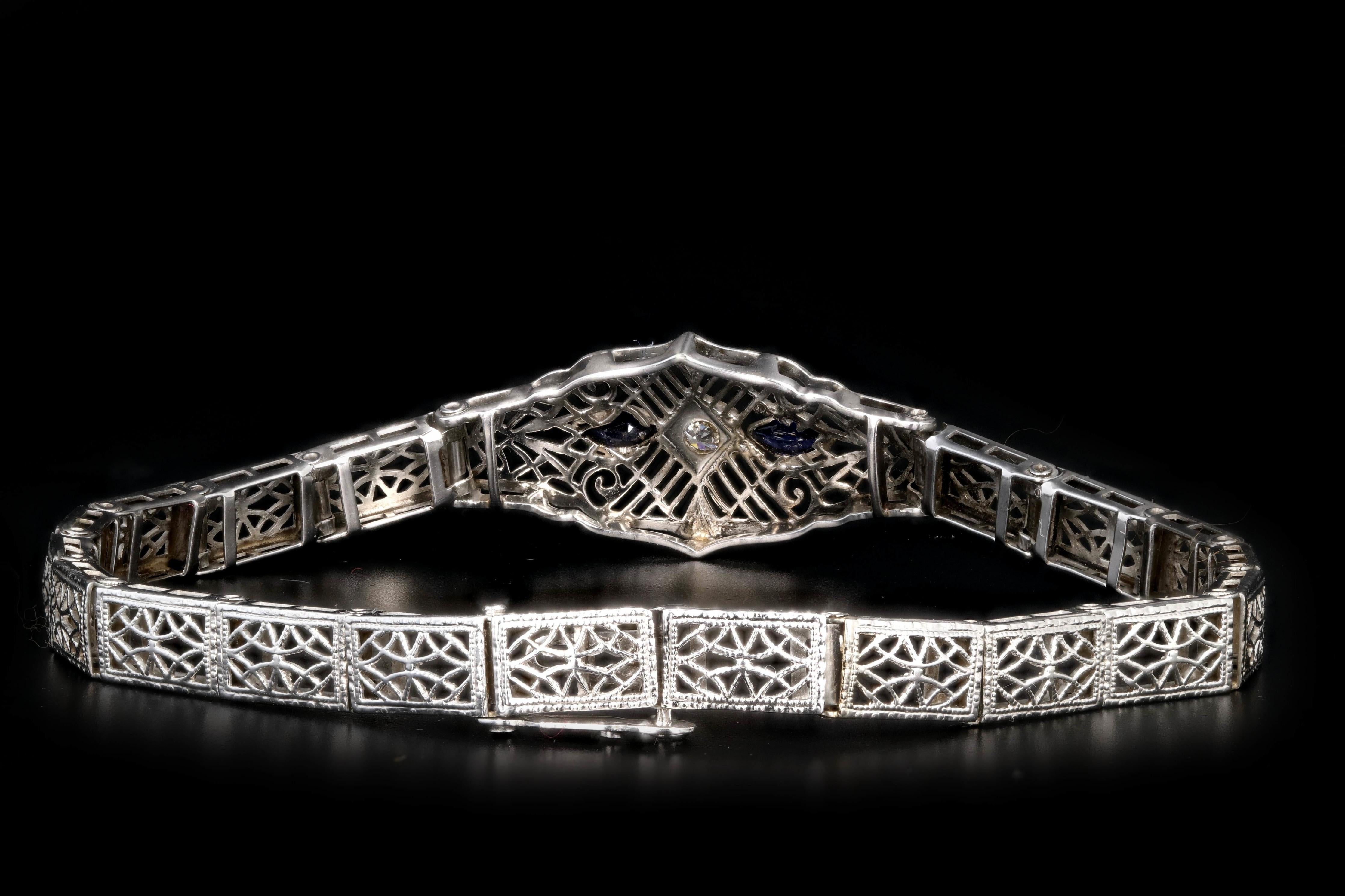 Art Deco 10K White Gold Sapphire and Diamond Filigree Bracelet 1