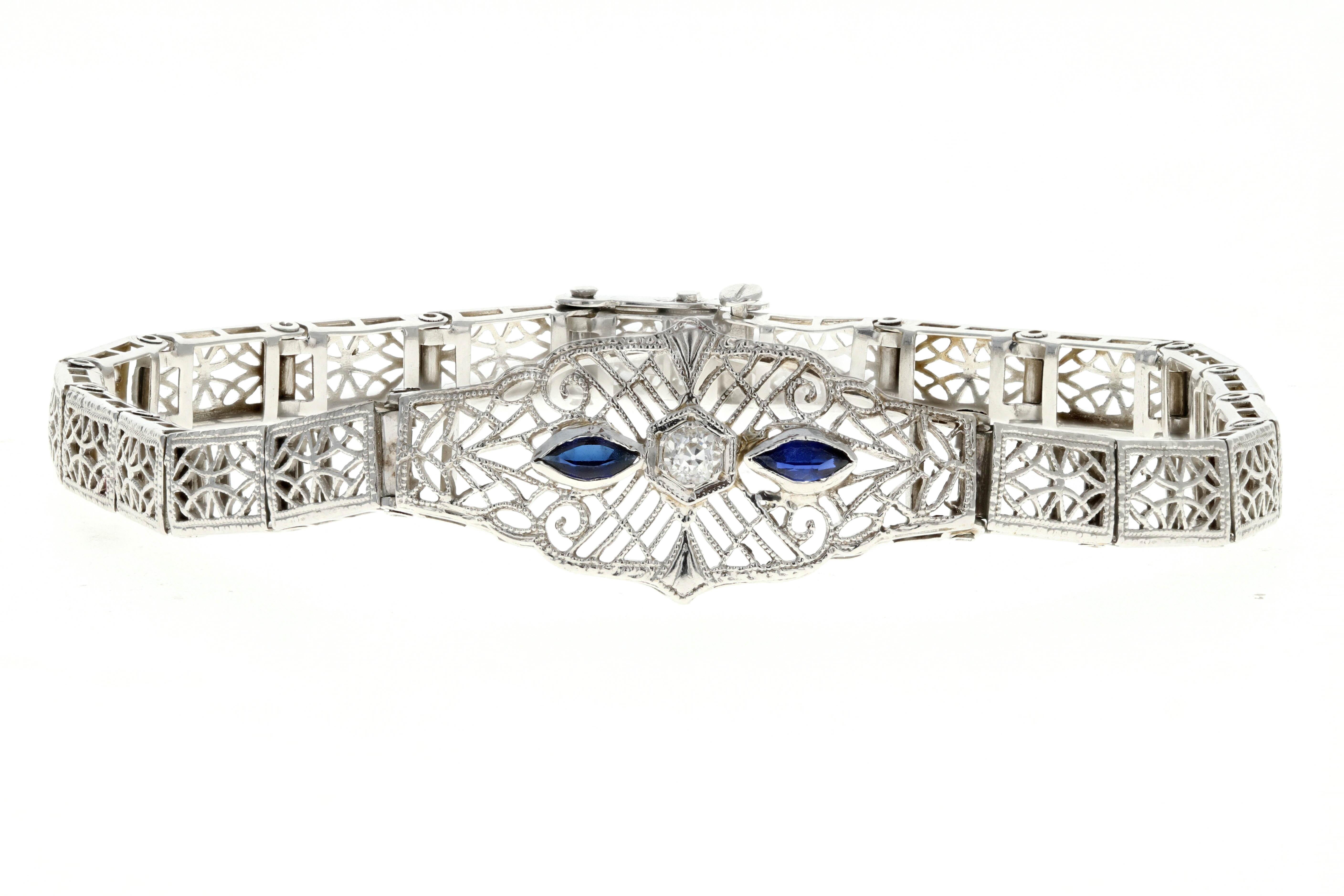 Art Deco 10K White Gold Sapphire and Diamond Filigree Bracelet