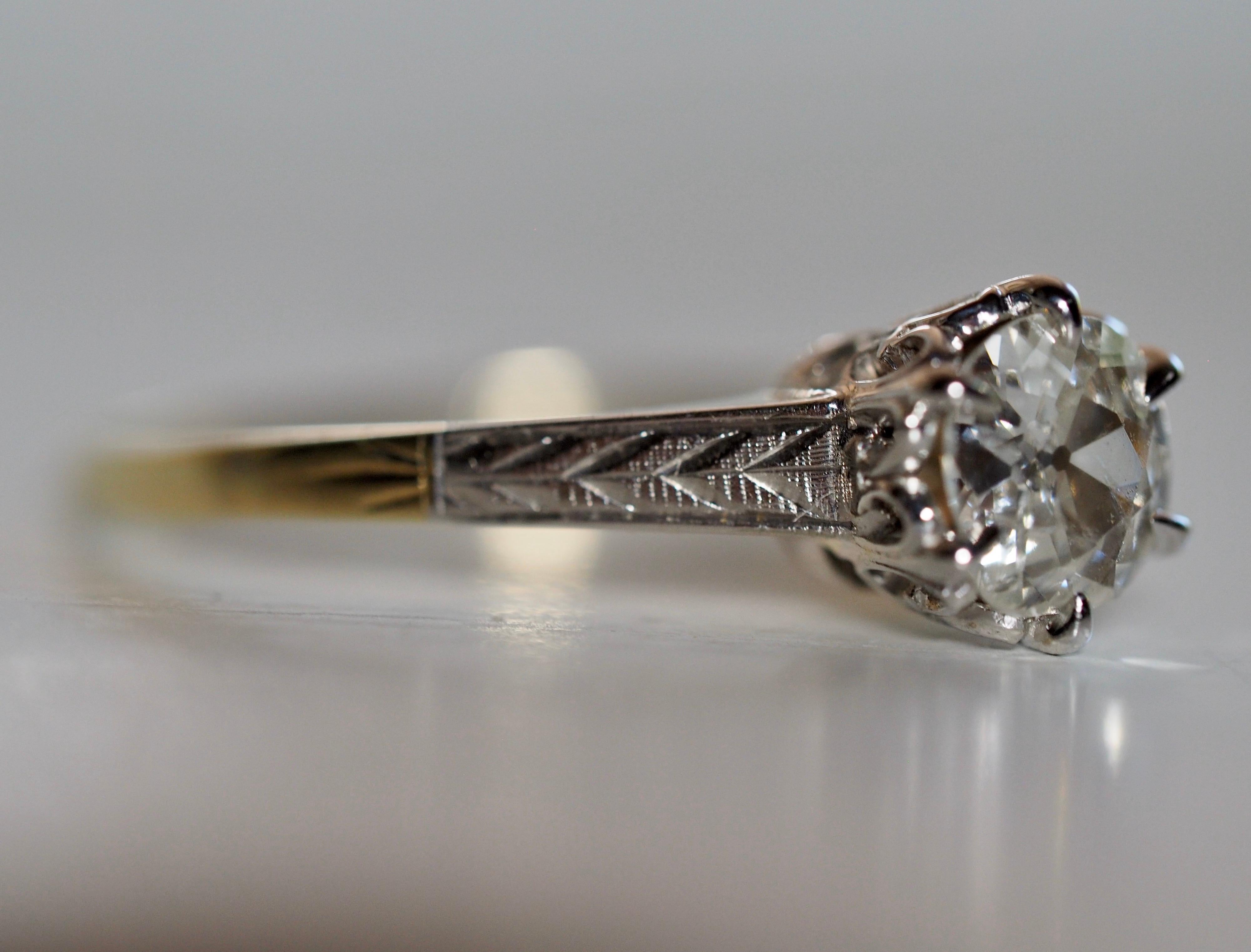 Art Deco 10 Karat Yellow and White Gold Six Claw-Prong Solitaire Diamond Ring In Good Condition In Addison, TX