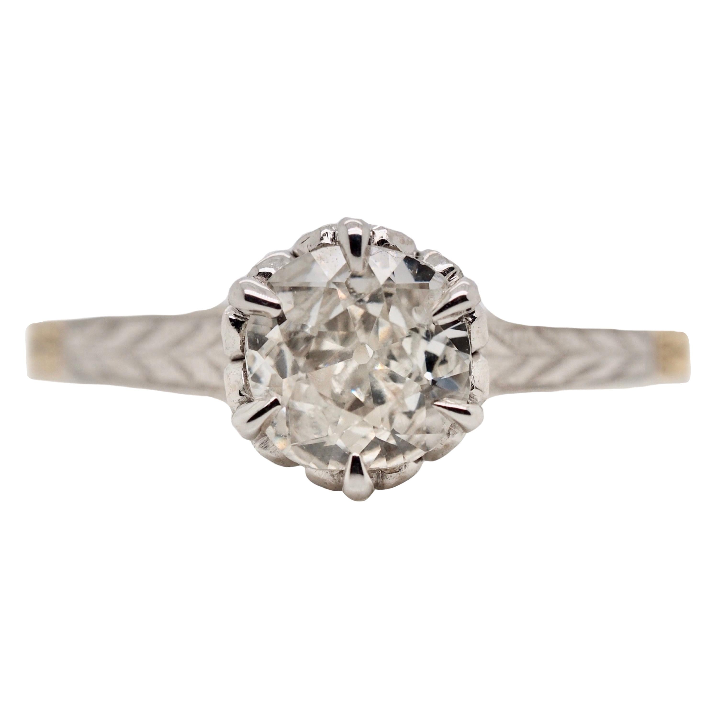 Art Deco 10 Karat Yellow and White Gold Six Claw-Prong Solitaire Diamond Ring