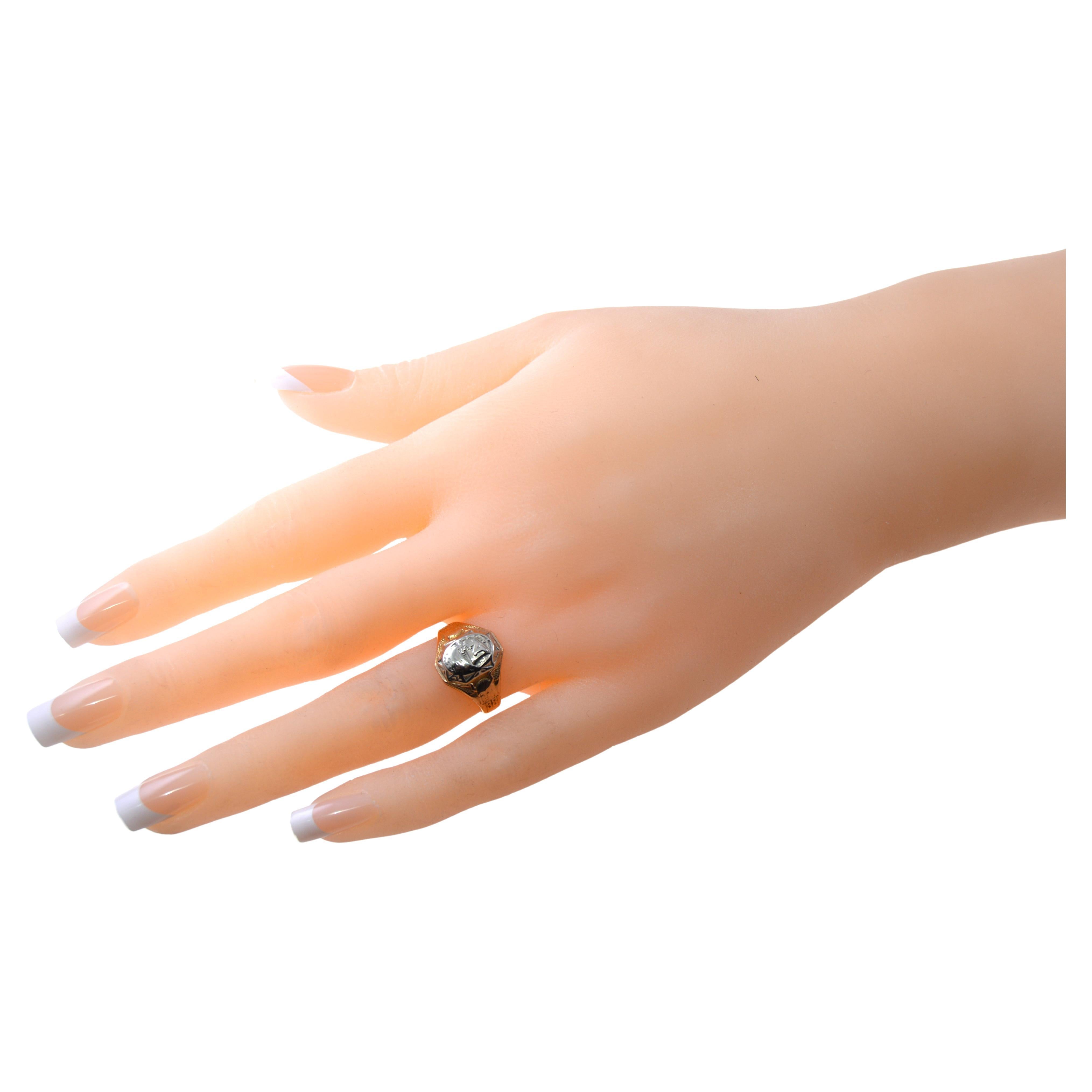 Art Deco 10Kt Gold Handmade Ring in Two Tone Yellow and White Gold from 1938 For Sale 4