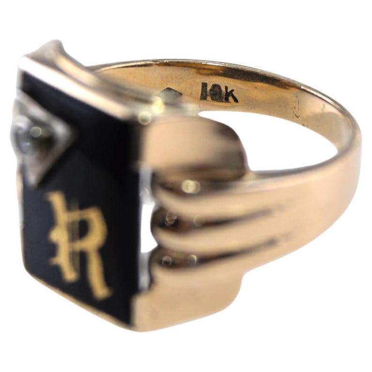 Art Deco 10Kt. Gold Unisex Ring with R Initial Hand Made ca 1930 Sizable 10 1/4 2