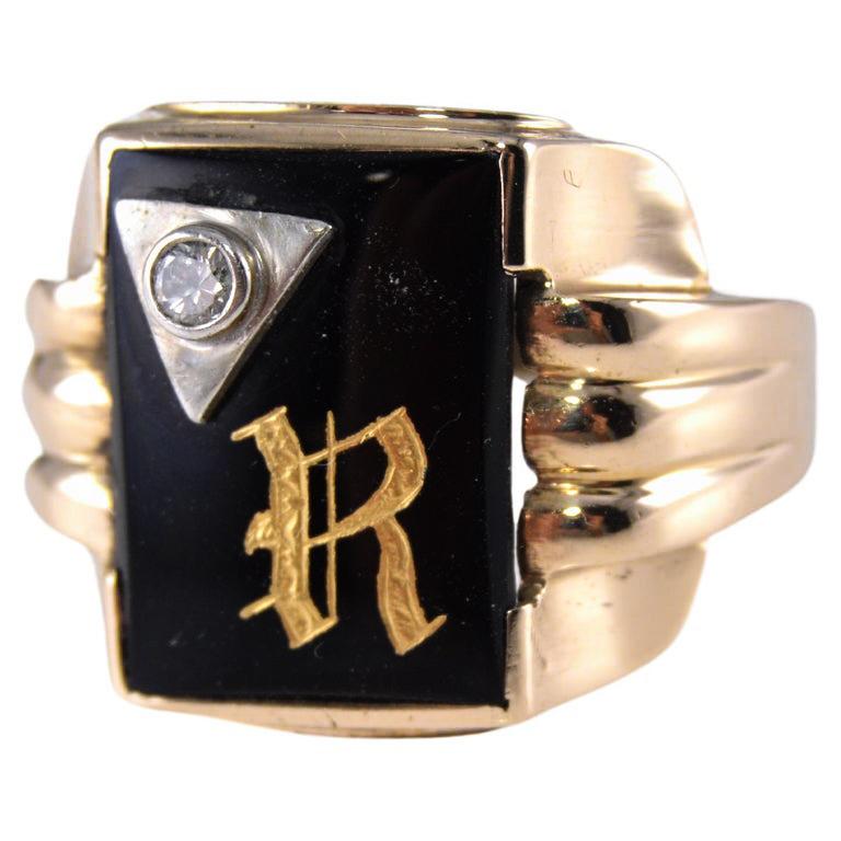 Men's Art Deco 10Kt. Gold Unisex Ring with R Initial Hand Made ca 1930 Sizable 10 1/4