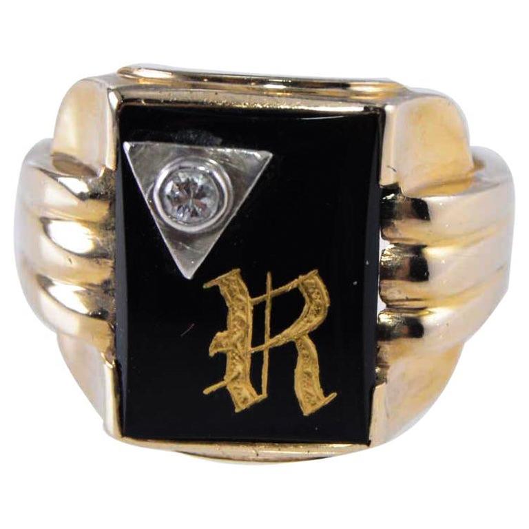 Art Deco 10Kt. Gold Unisex Ring with R Initial Hand Made ca 1930 Sizable 10 1/4 In Excellent Condition In Long Beach, CA