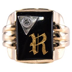 Art Deco 10Kt. Gold Unisex Ring with R Initial Hand Made ca 1930 Sizable 10 1/4
