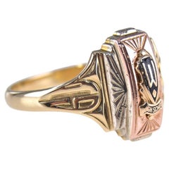 Art Deco 10kt, Solid Gold Multi Colored 1953 High School Ring with Enamel Crest