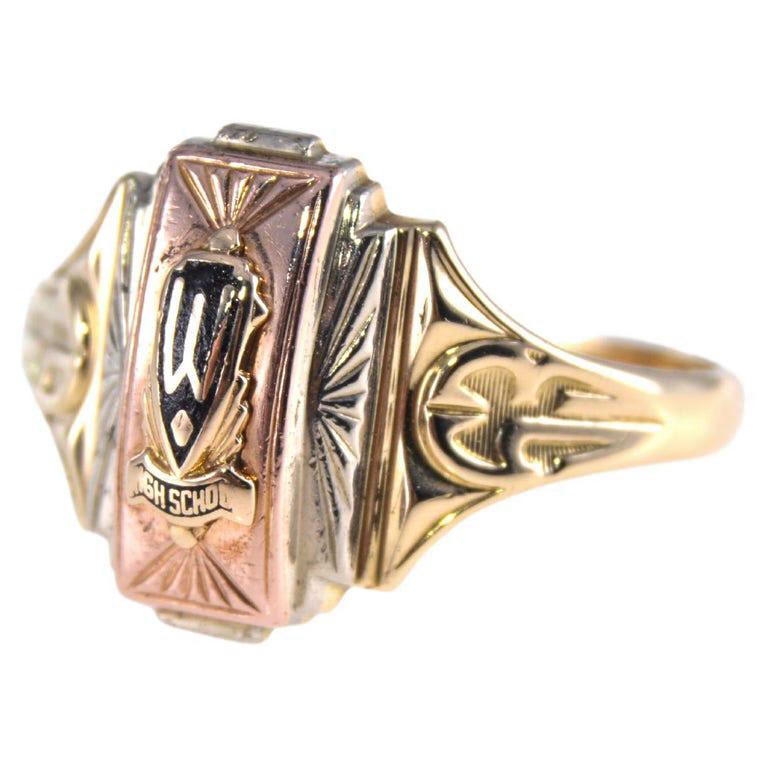 Women's or Men's Art Deco 10kt, Solid Gold Multi Colored 1953 High School Ring with Enamel Crest For Sale