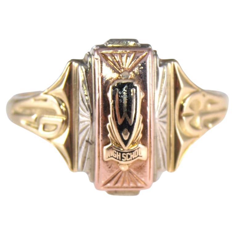 Art Deco 10kt, Solid Gold Multi Colored 1953 High School Ring with Enamel Crest For Sale