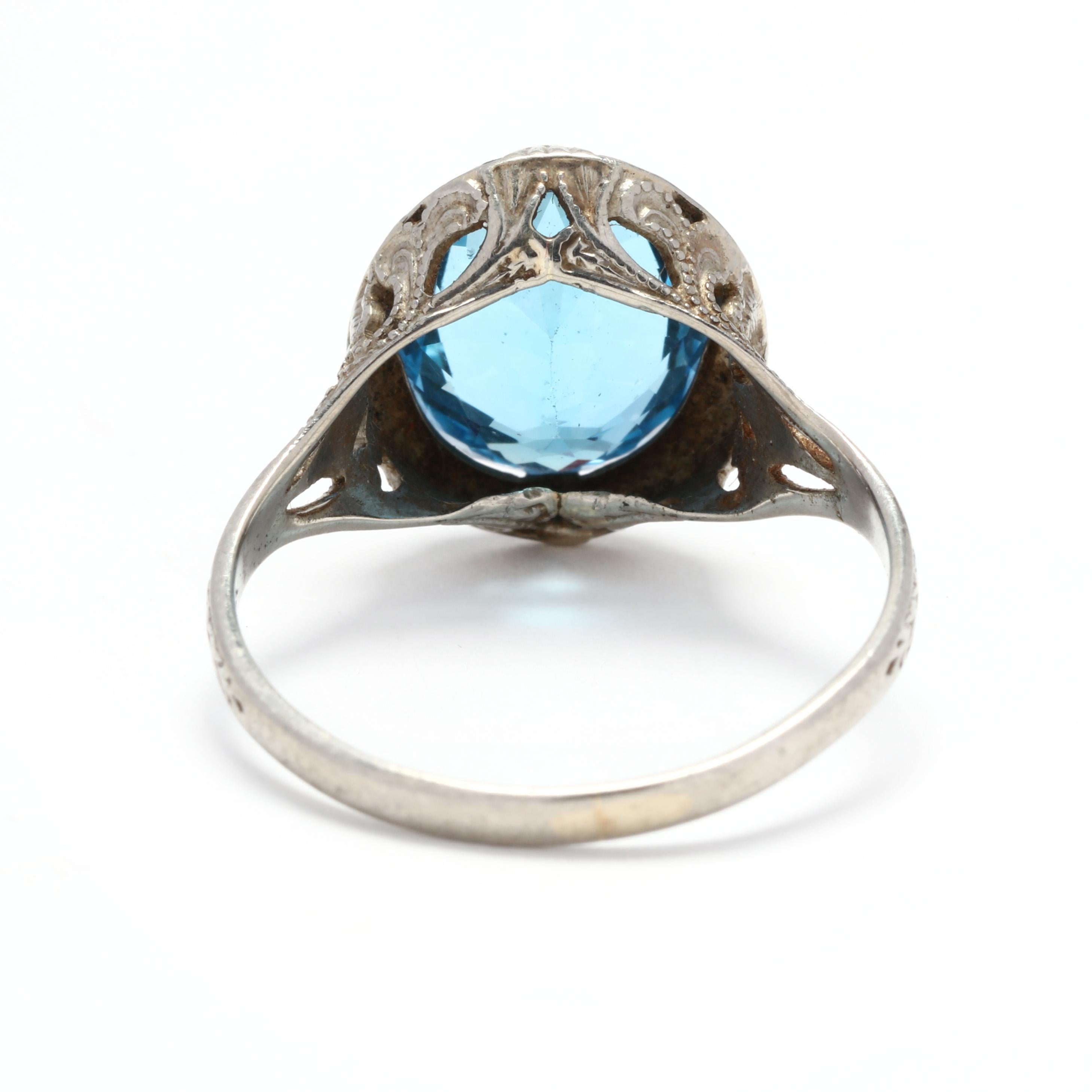 Oval Cut Art Deco 10 Karat White Gold, Blue Topaz Filigree Ring