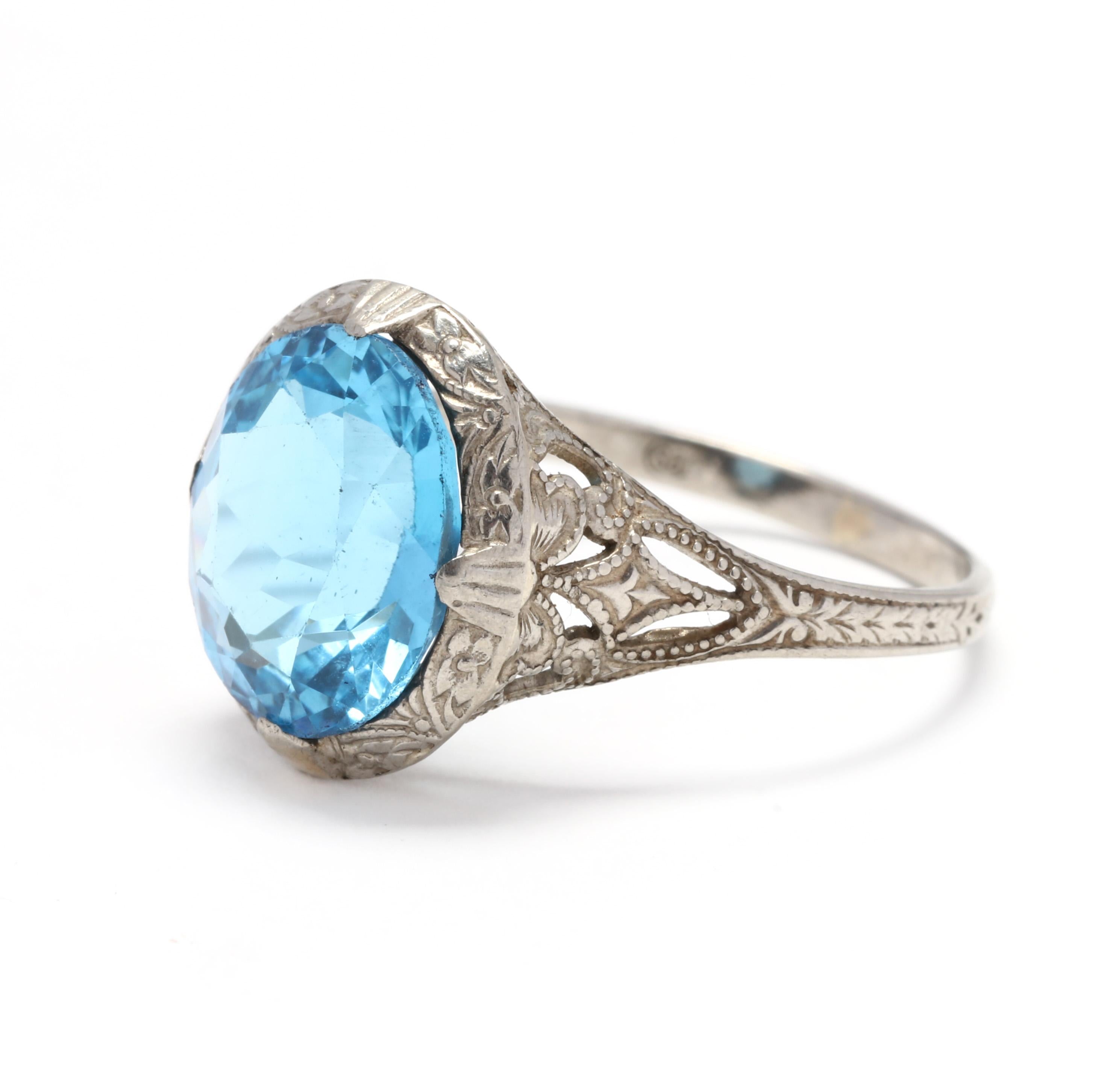 Art Deco 10 Karat White Gold, Blue Topaz Filigree Ring In Good Condition In McLeansville, NC