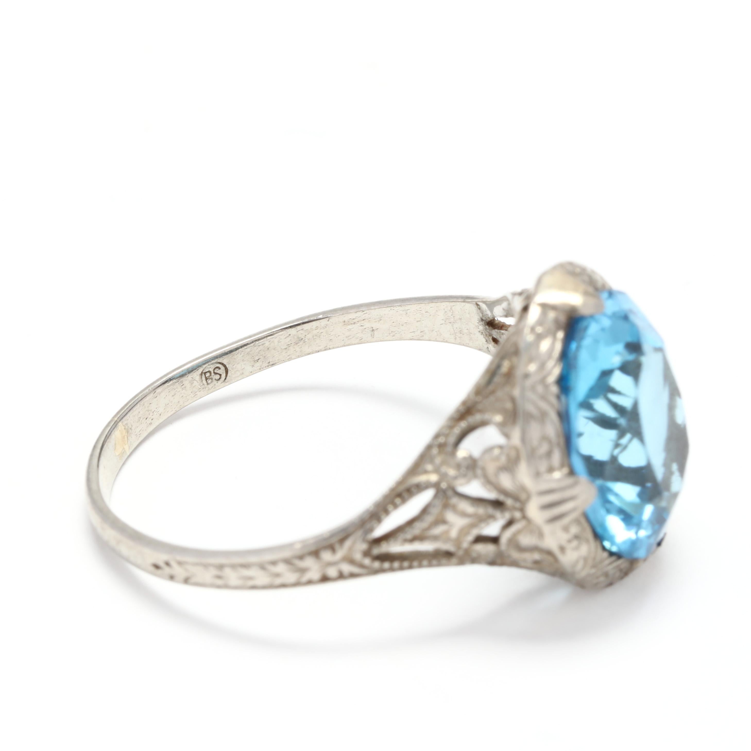 Women's or Men's Art Deco 10 Karat White Gold, Blue Topaz Filigree Ring