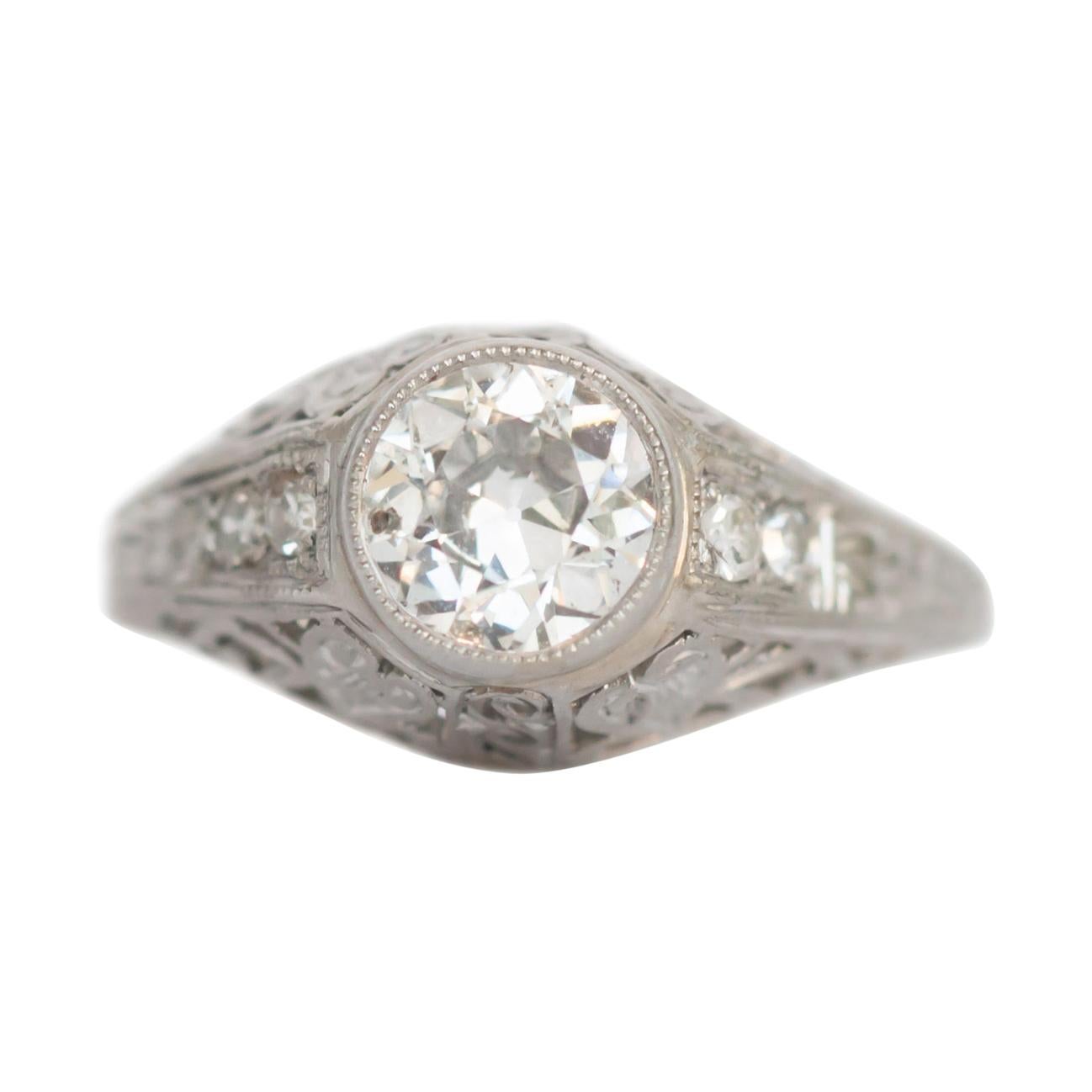 Art Deco 1.1 Carat Old European Diamond Vintage Platinum Filigree Solitaire Ring
