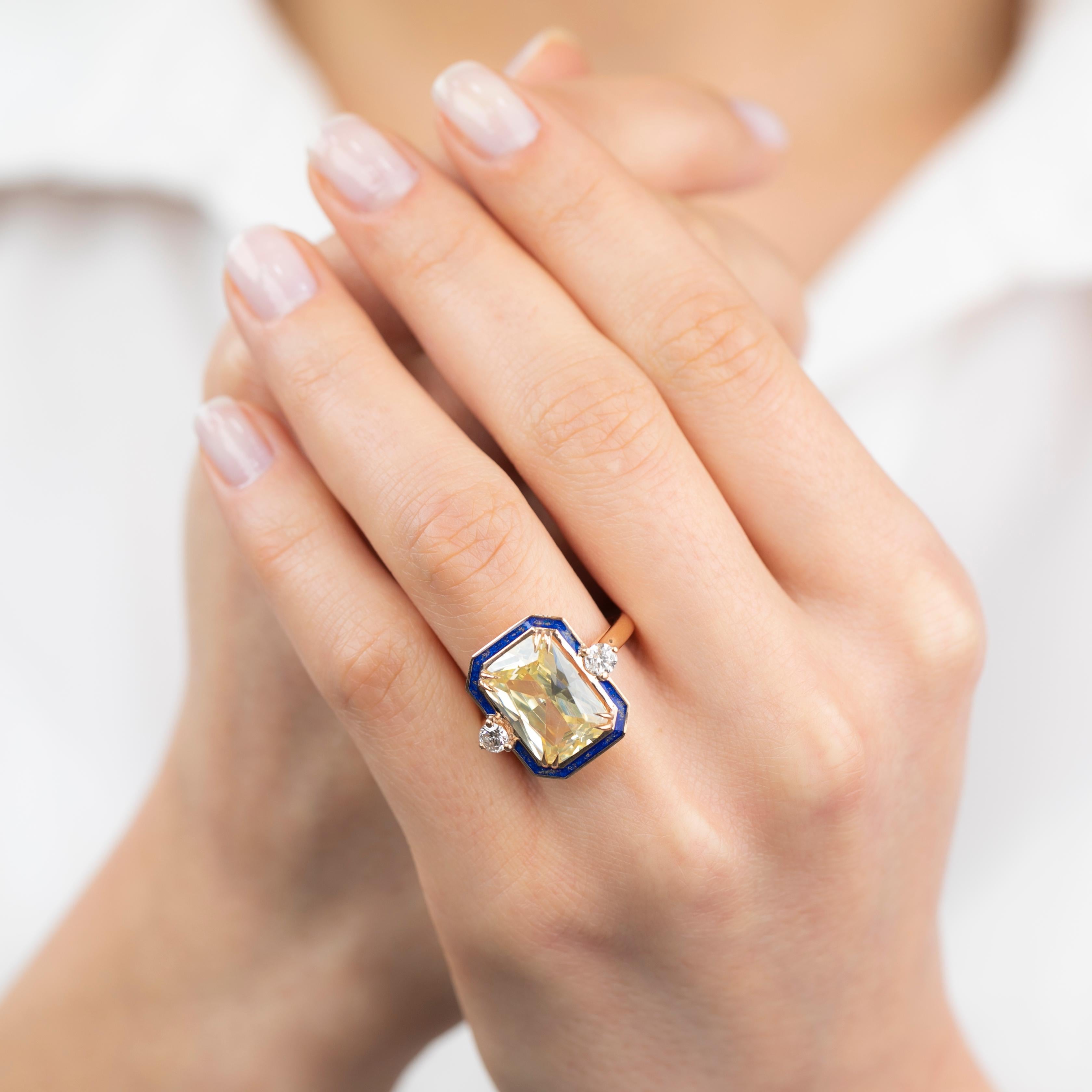 Im Angebot: Art Deco 11 Karat Ausgefallener Topas & Diamant Lapis Lazuli emailliert mit Goldstaub Cocktail-Ring () 12