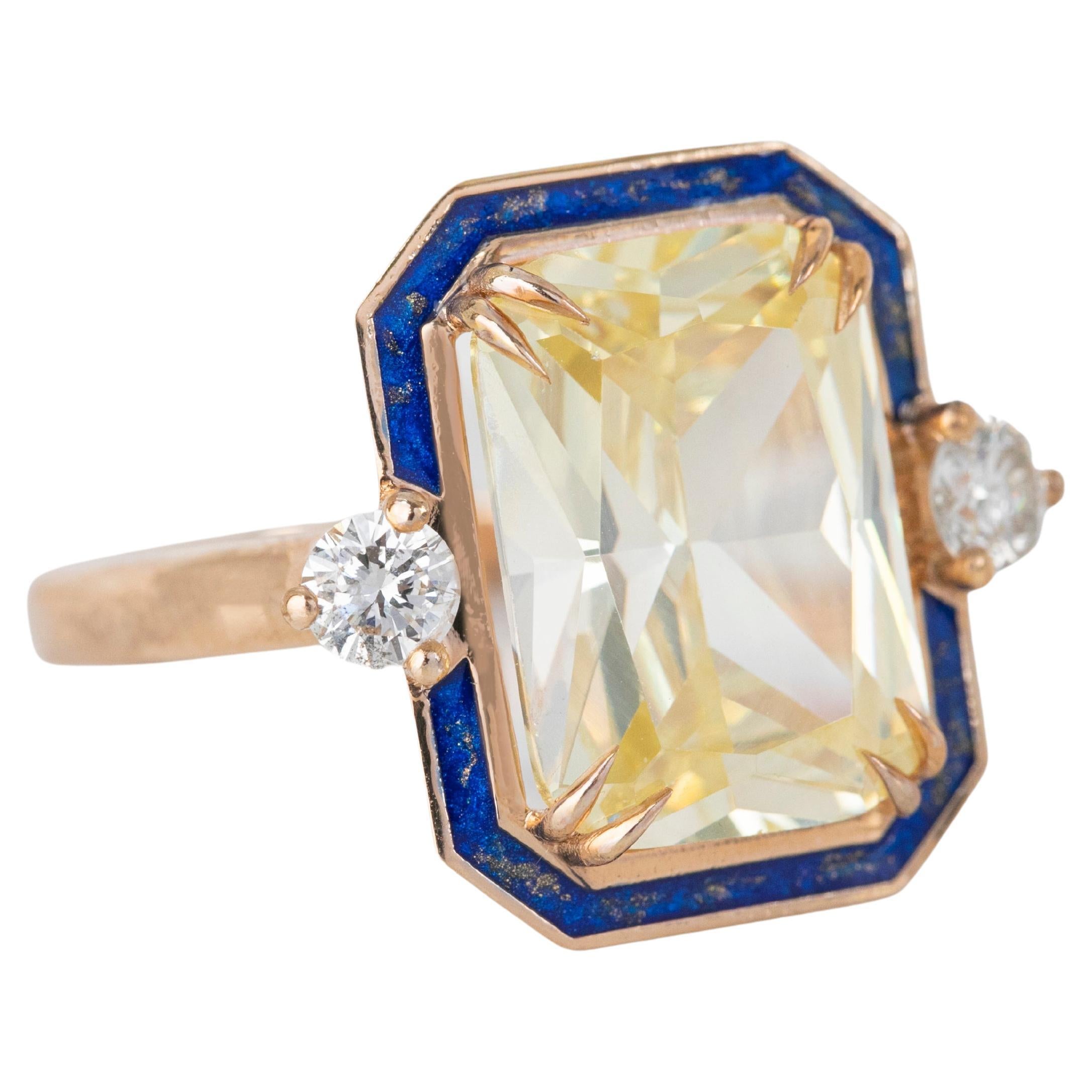Im Angebot: Art Deco 11 Karat Ausgefallener Topas & Diamant Lapis Lazuli emailliert mit Goldstaub Cocktail-Ring () 2