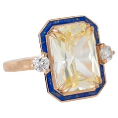 Art Deco 11 Ct Fancy Topaz & Diamond Lapis Enameled with Gold Dust Cocktail Ring