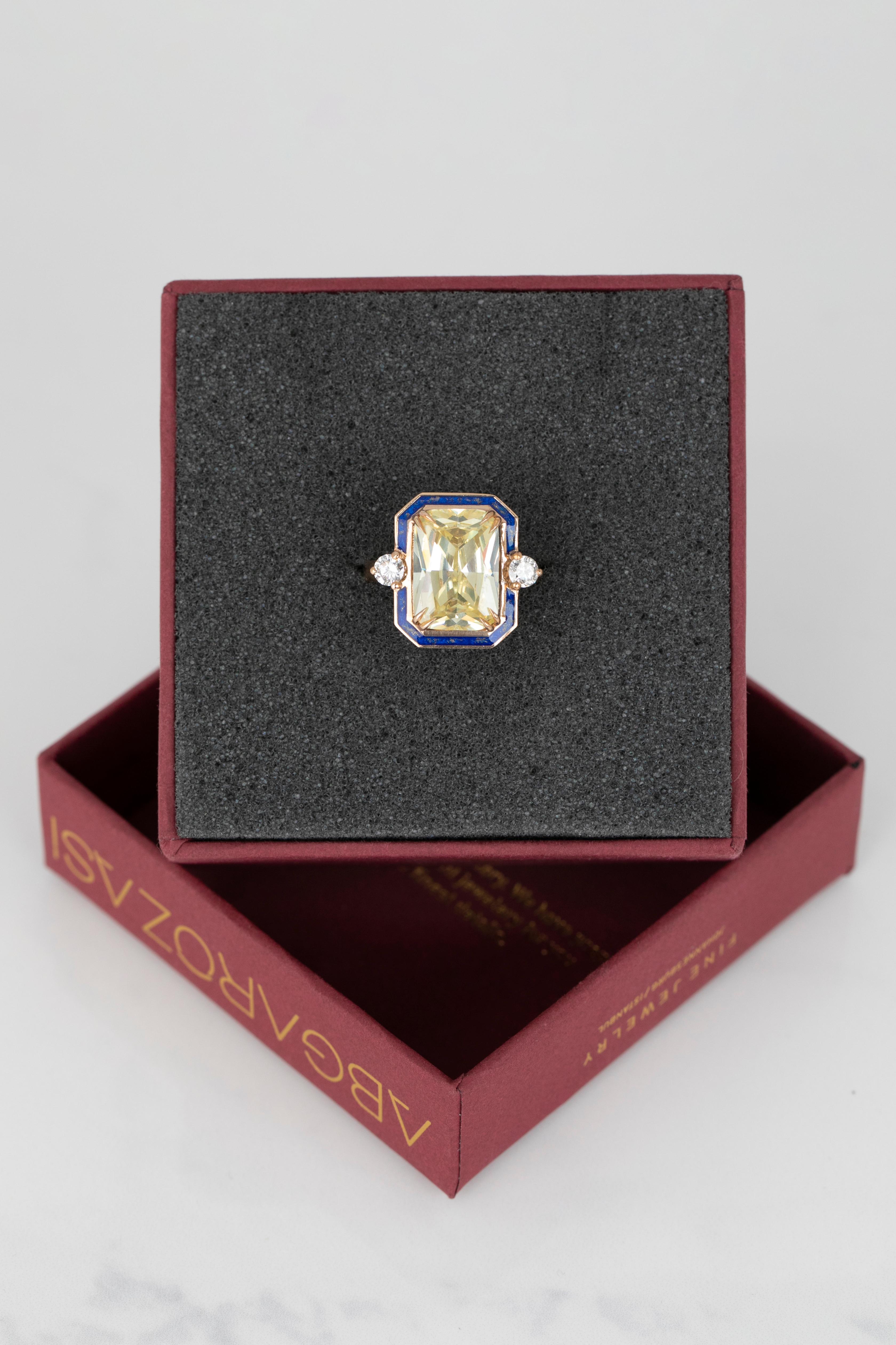 Im Angebot: Art Deco 11 Karat Ausgefallener Topas & Diamant Lapis Lazuli emailliert mit Goldstaub Cocktail-Ring () 4