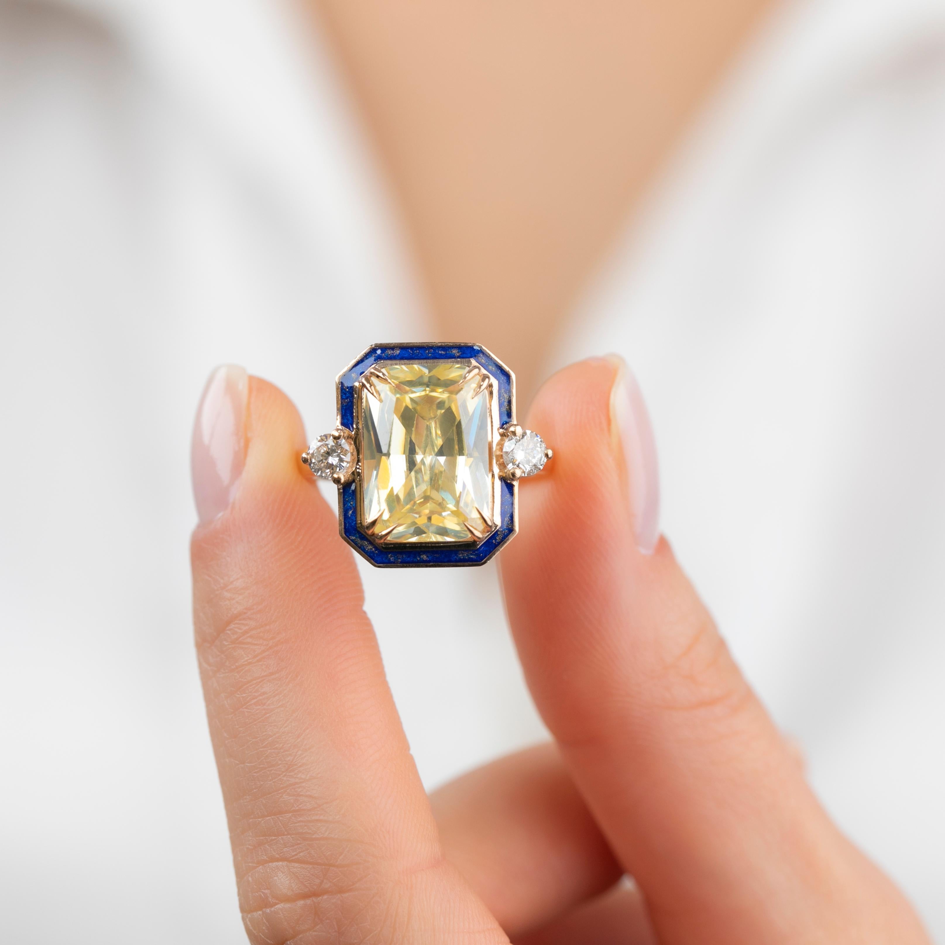 Im Angebot: Art Deco 11 Karat Ausgefallener Topas & Diamant Lapis Lazuli emailliert mit Goldstaub Cocktail-Ring () 5