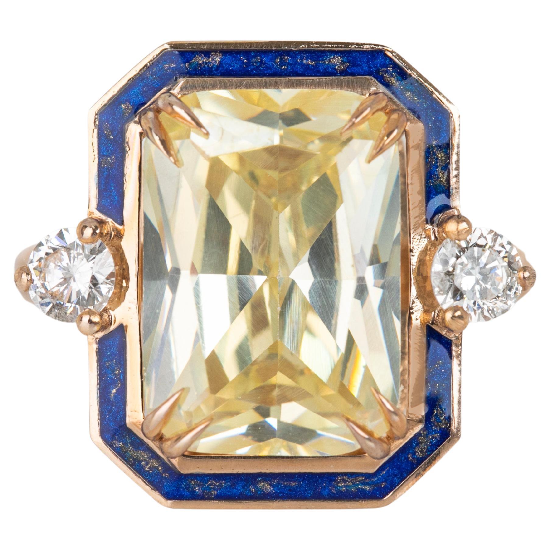 Im Angebot: Art Deco 11 Karat Ausgefallener Topas & Diamant Lapis Lazuli emailliert mit Goldstaub Cocktail-Ring ()