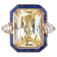 Art Deco 11 Ct Fancy Topaz & Diamond Lapis Enameled with Gold Dust Cocktail Ring
