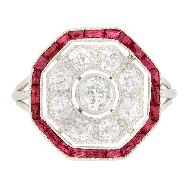 Art Deco 1.10 Carat Diamond and Ruby Octagon Target Ring, circa 1920s