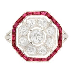 Antique Art Deco 1.10 Carat Diamond and Ruby Octagon Target Ring, circa 1920s