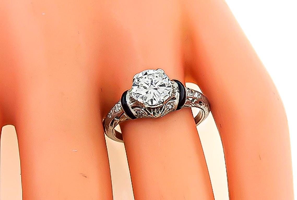 Round Cut Art Deco 1.10 Carat Diamond Onyx Platinum Engagement Ring For Sale