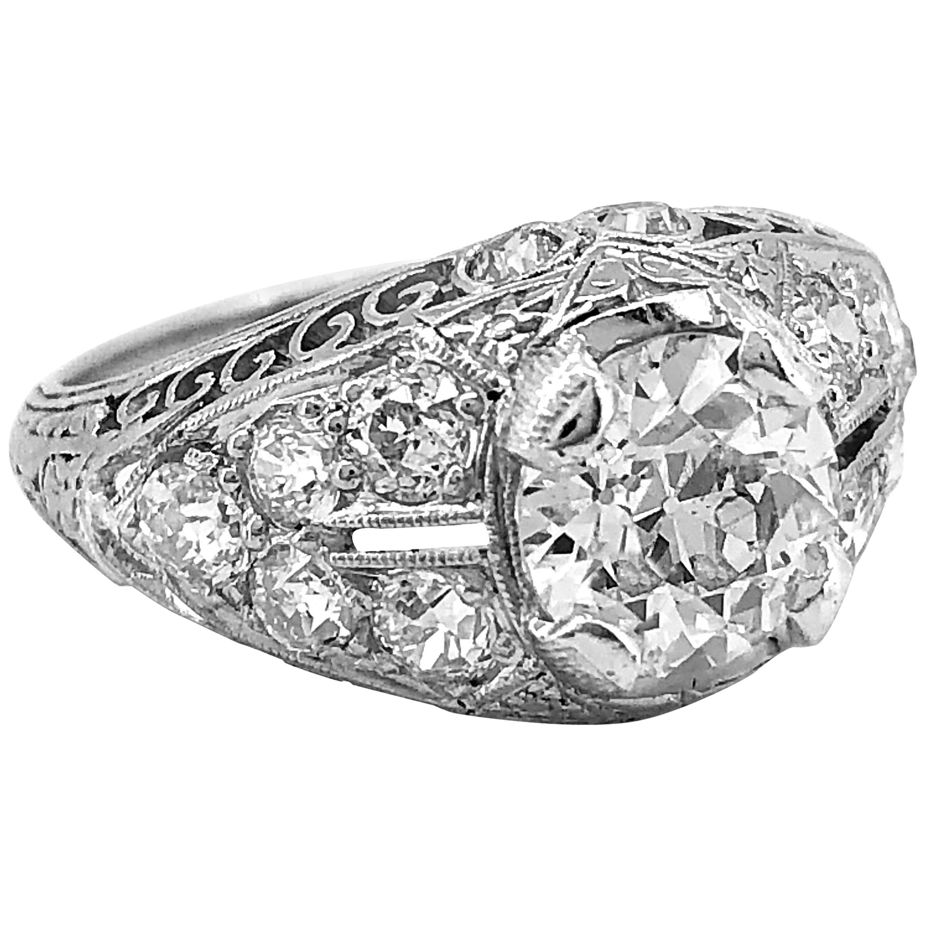 Art Deco 1.10 Carat Diamond Platinum Engagement Ring  For Sale