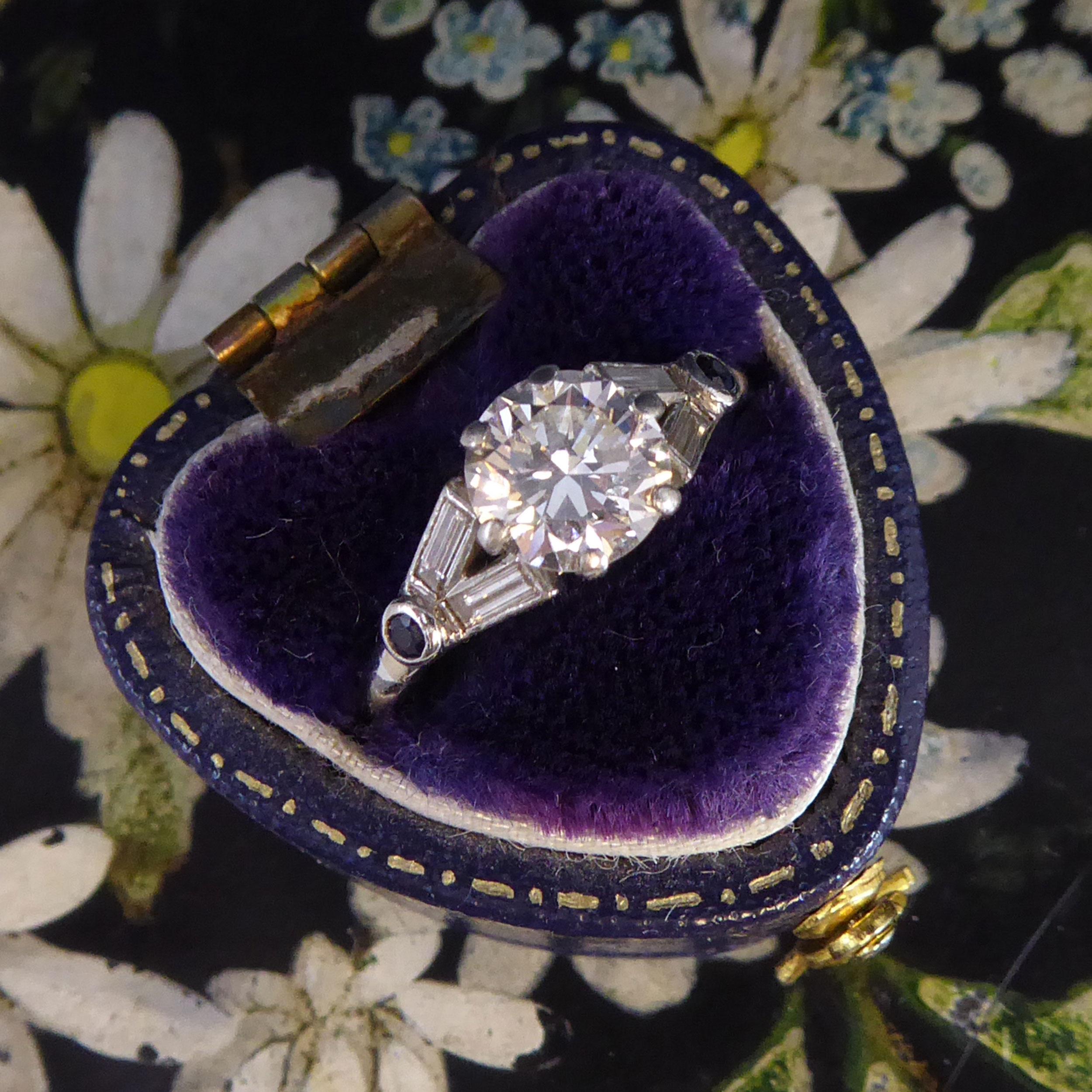 Art Deco 1.10 Carat Diamond Ring with Baguetee Diamond and Sapphire Shoulders In Good Condition In Yorkshire, West Yorkshire