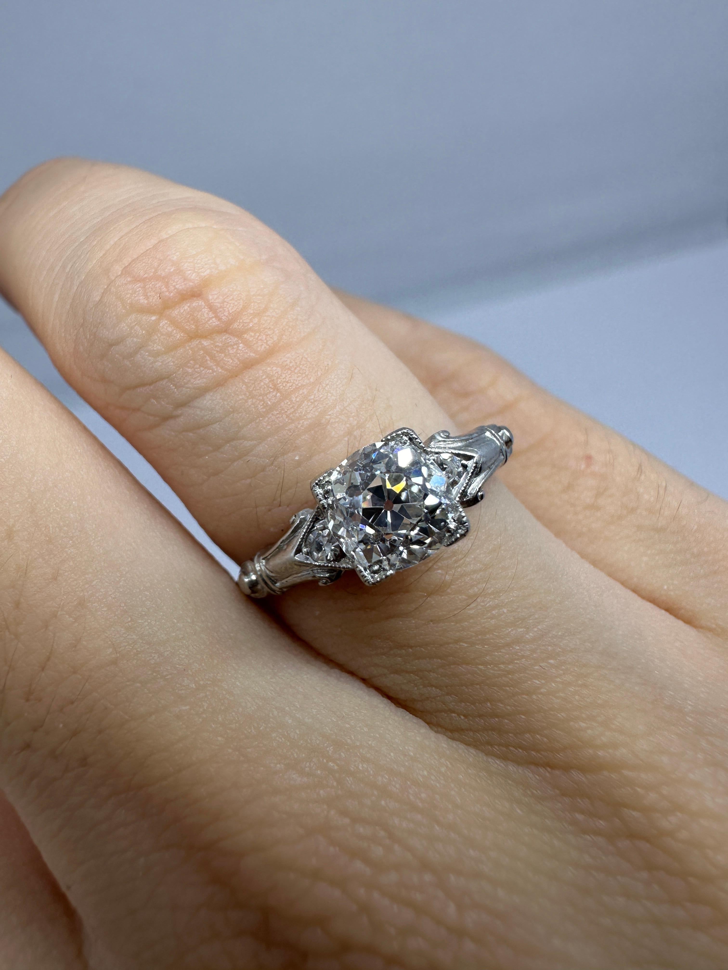 Art Deco 1.10 Carat Old European Cut Platinum Diamond Antique Engagement Ring 2