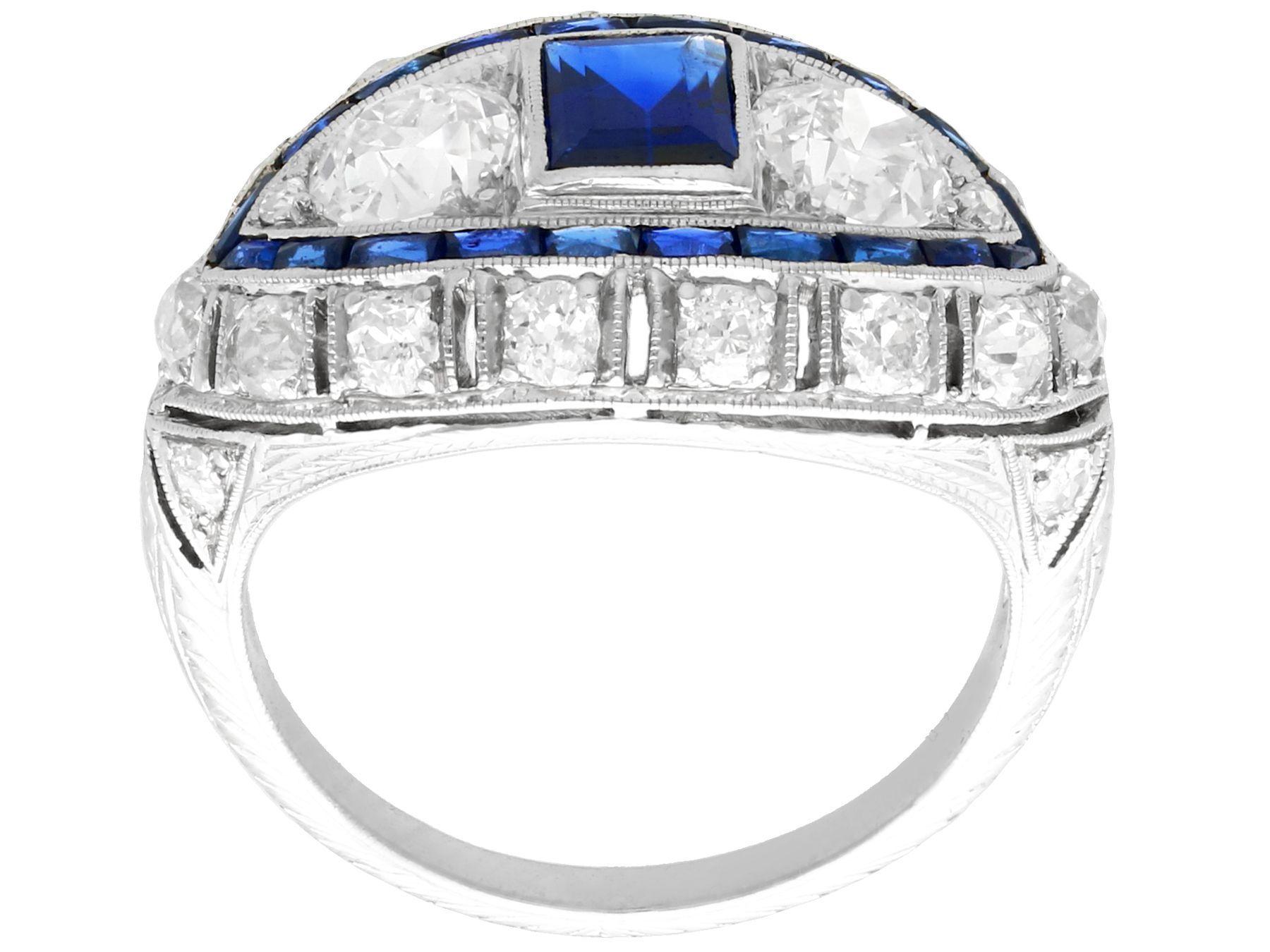 French Cut Art Deco 1.10 Carat Sapphire and 2.45 Carat Diamond Platinum Cocktail Ring For Sale