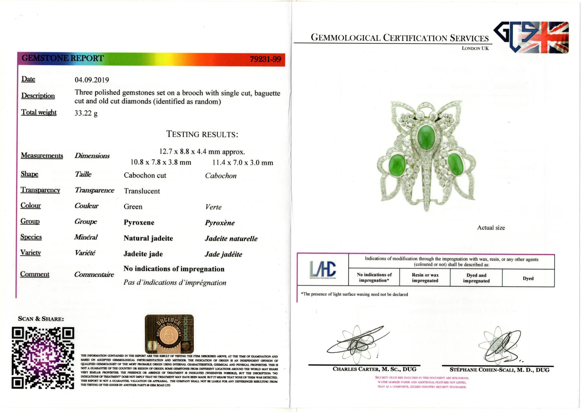 Art Deco 11.0 CT GCS certified jadeite Jade 12.40 Ct Diamond XL Butterfly Platin For Sale 6