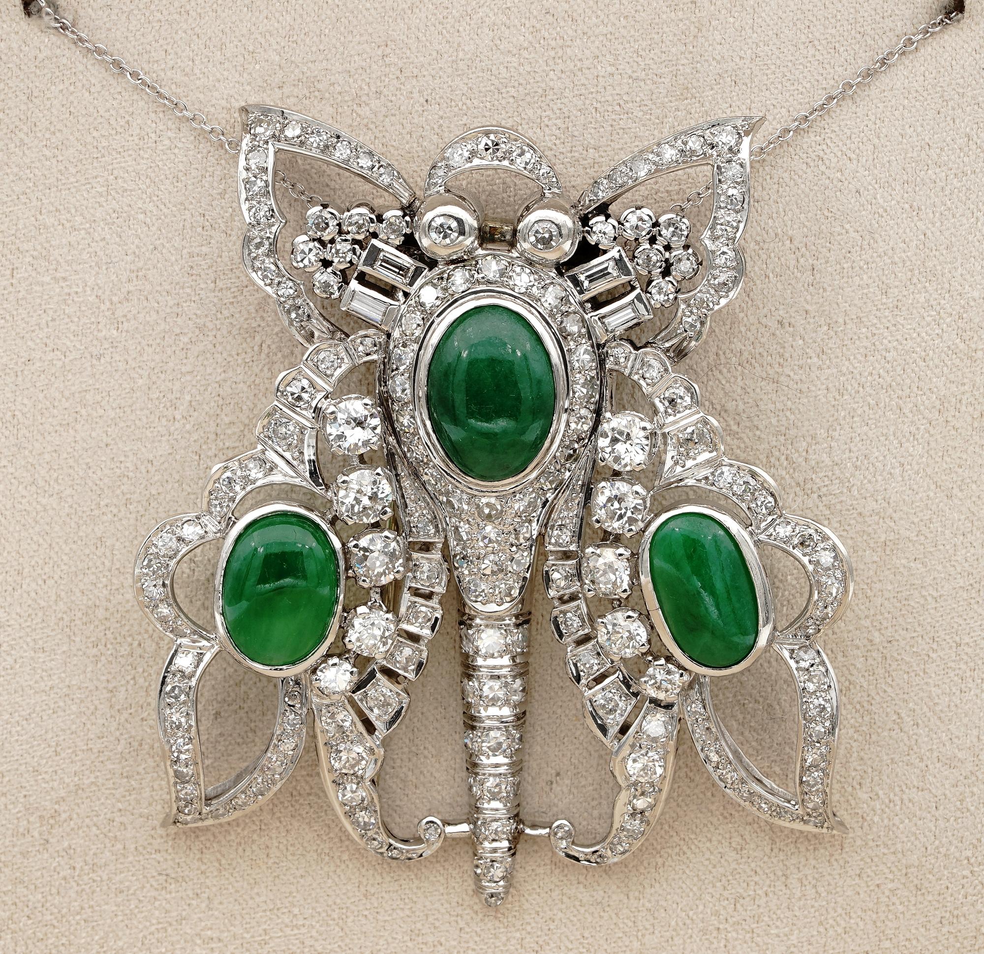 Cabochon Art Deco 11.0 CT GCS certified jadeite Jade 12.40 Ct Diamond XL Butterfly Platin For Sale