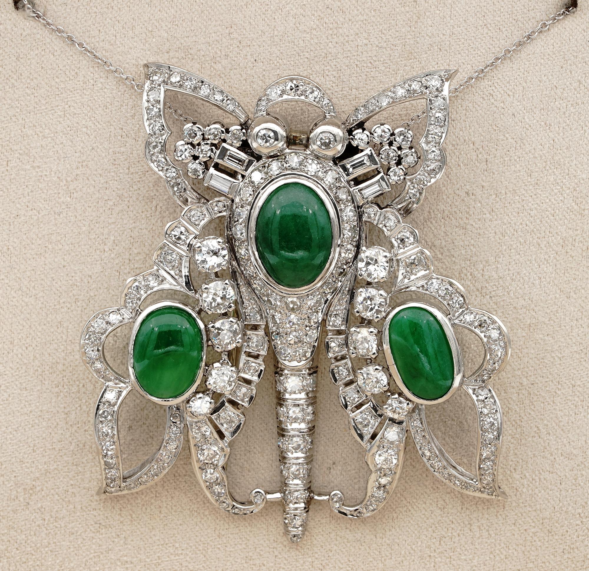 Art Decó 11,0 TC Jadeíta certificada GCS 12,40 qt Diamante XL Mariposa Platin Cabujón en venta
