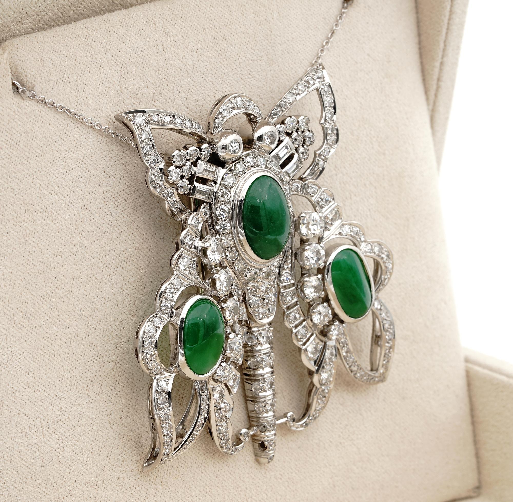 Women's Art Deco 11.0 CT GCS certified jadeite Jade 12.40 Ct Diamond XL Butterfly Platin For Sale