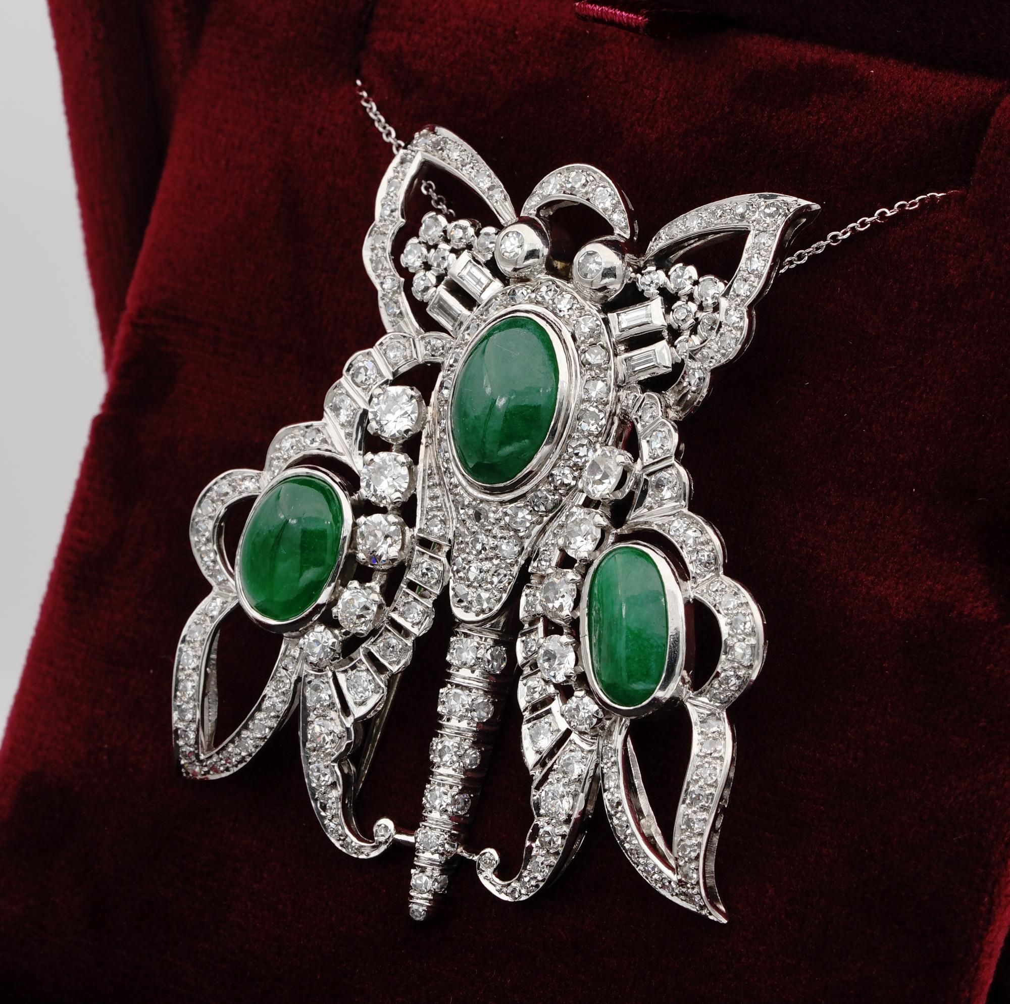 Art Deco 11.0 CT GCS certified jadeite Jade 12.40 Ct Diamond XL Butterfly Platin For Sale 3