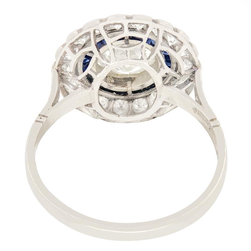Art Deco target-Ring mit 1,10 Diamanten und Saphiren, ca. 1930er Jahre (Alteuropäischer Brillantschliff) im Angebot