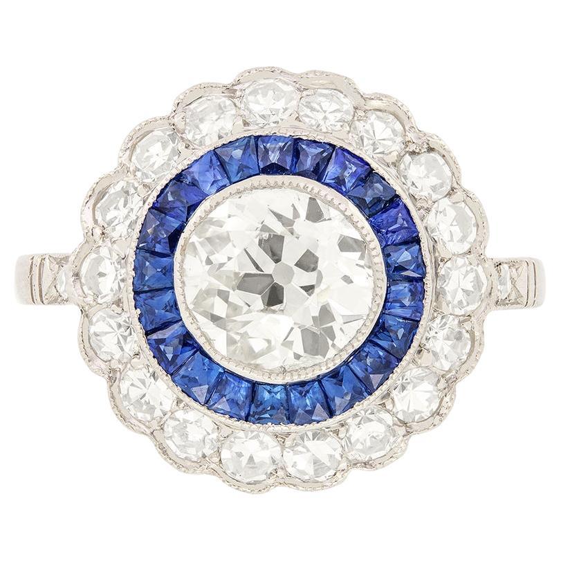 Art Deco target-Ring mit 1,10 Diamanten und Saphiren, ca. 1930er Jahre im Angebot