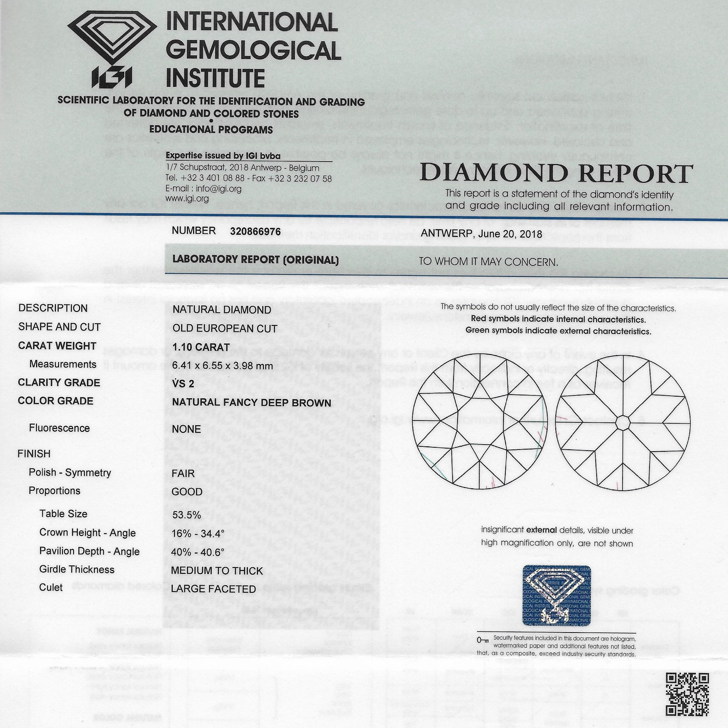Art Deco 1.10 Fancy Deep Brown Old European Cut Diamond Platinum Engagement Ring 2