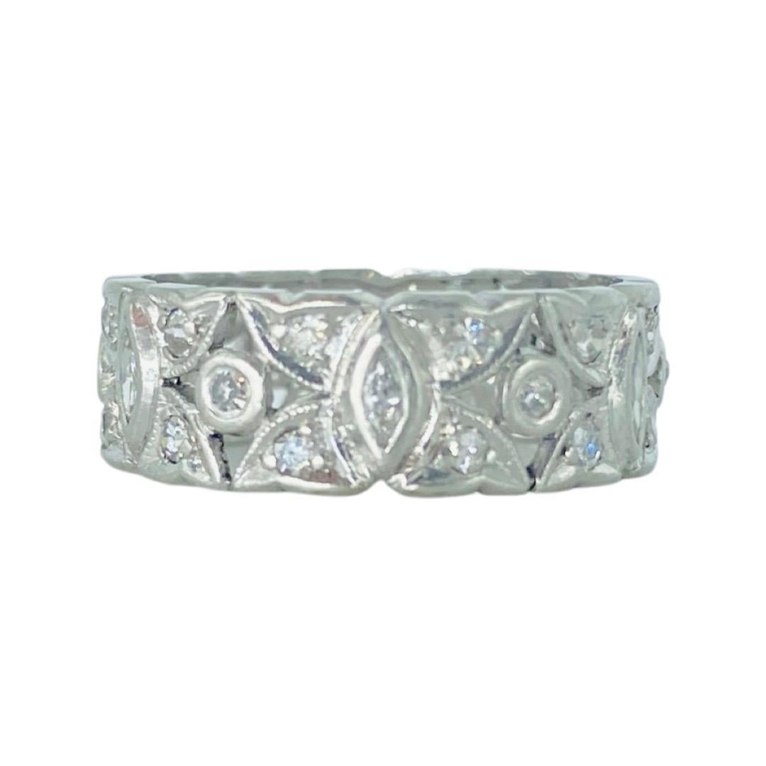 Art Deco 1.10 Total Carat Weight Diamonds Eternity Ring. The ring is a size 6.5 and cannot be resized. The total weight of the ring is 4.4 grams and is made of Platinum 950% purity. Very unique eternity diamond ring featuring Marquise shaped