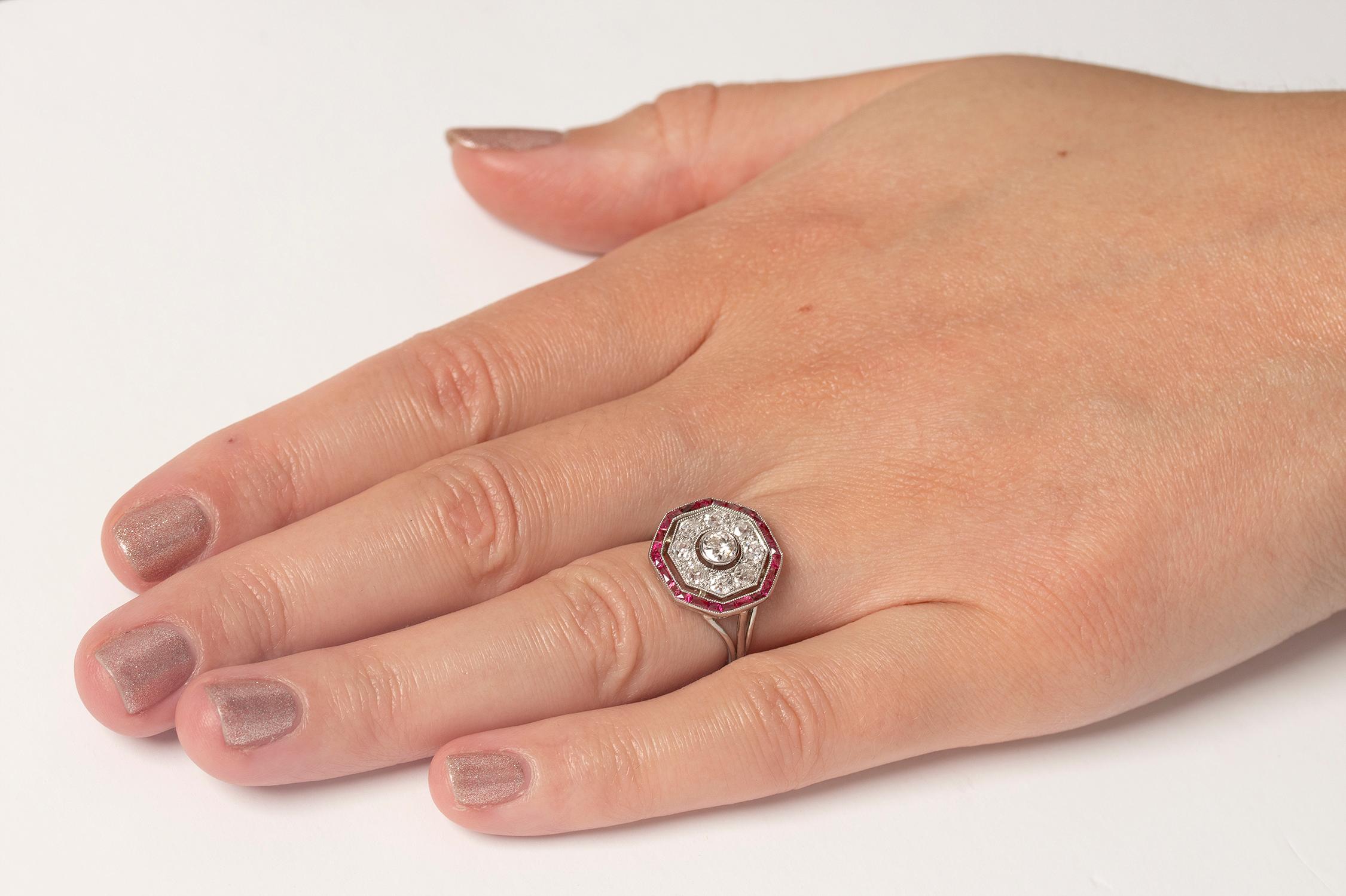 Art Deco 1.10 Carat Diamond and Ruby Octagon Target Ring, circa 1920s 1