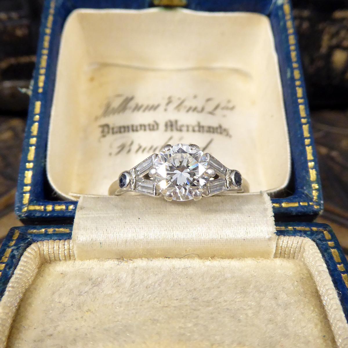 Art Deco 1.10 Carat Diamond Engagement Ring with Diamond & Sapphire in Platinum For Sale 4