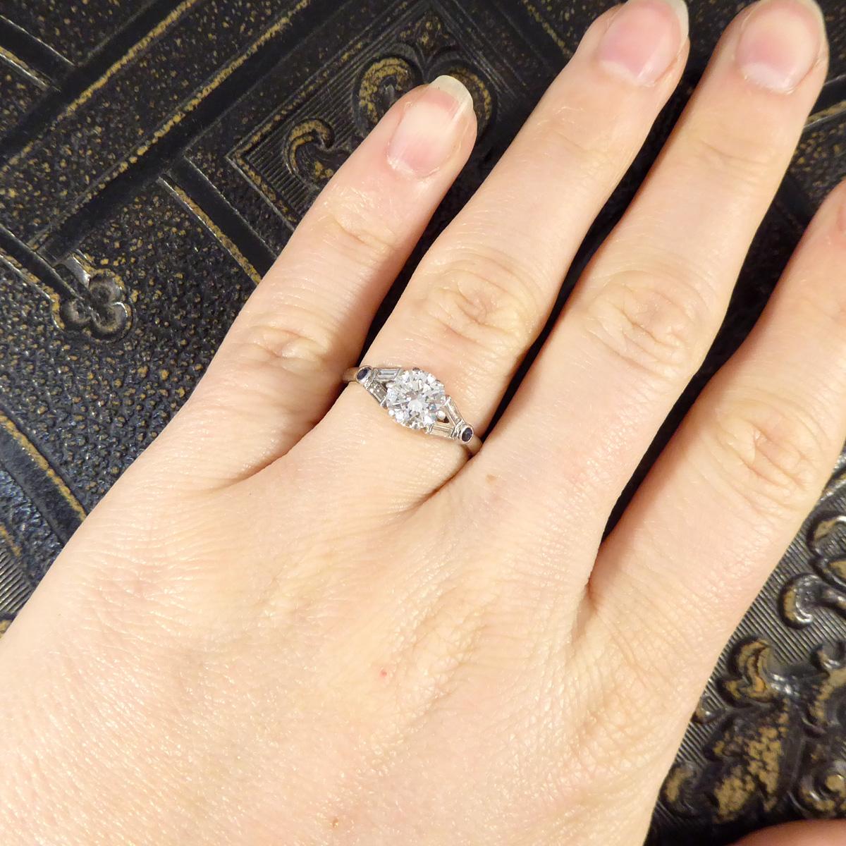 Women's Art Deco 1.10 Carat Diamond Engagement Ring with Diamond & Sapphire in Platinum For Sale