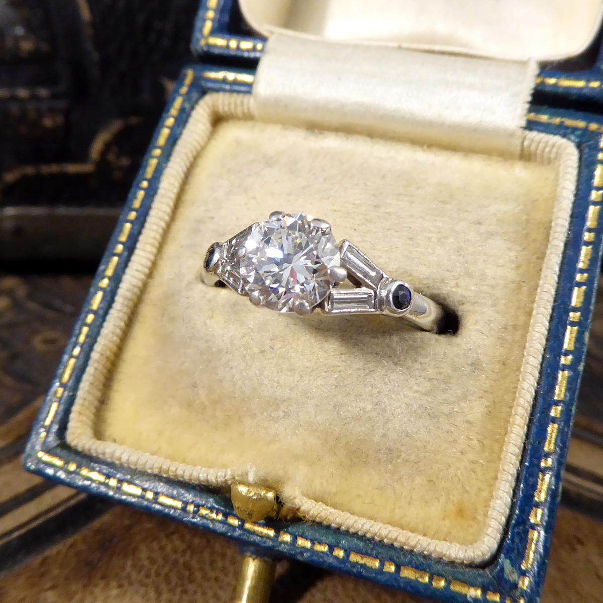 Art Deco 1.10 Carat Diamond Engagement Ring with Diamond & Sapphire in Platinum For Sale 1