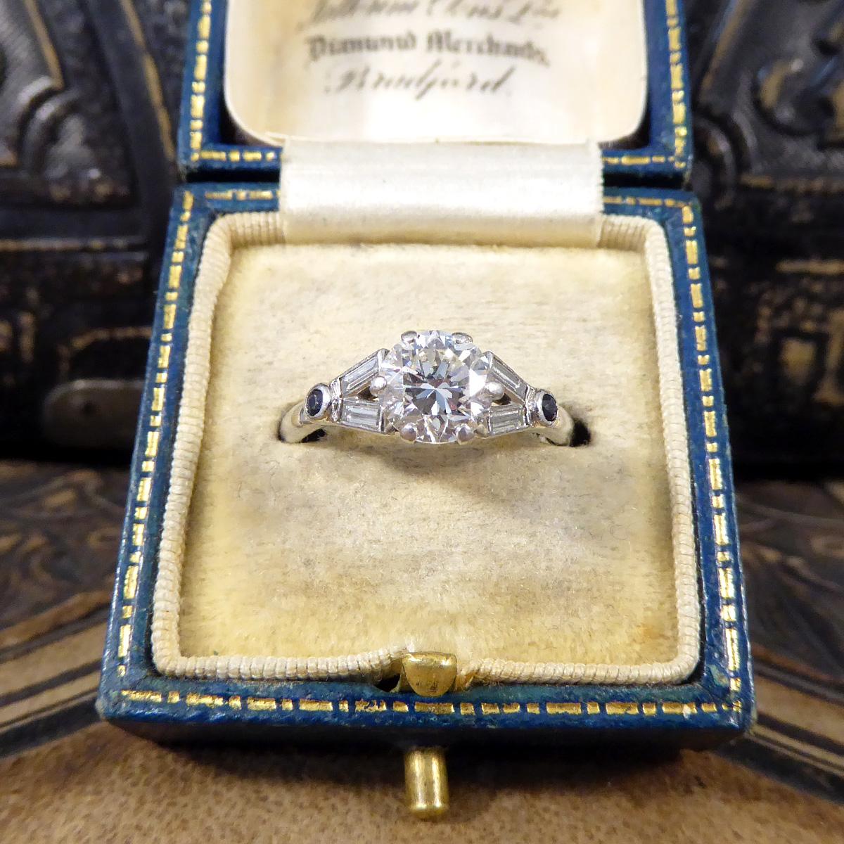 Art Deco 1.10 Carat Diamond Engagement Ring with Diamond & Sapphire in Platinum For Sale 2