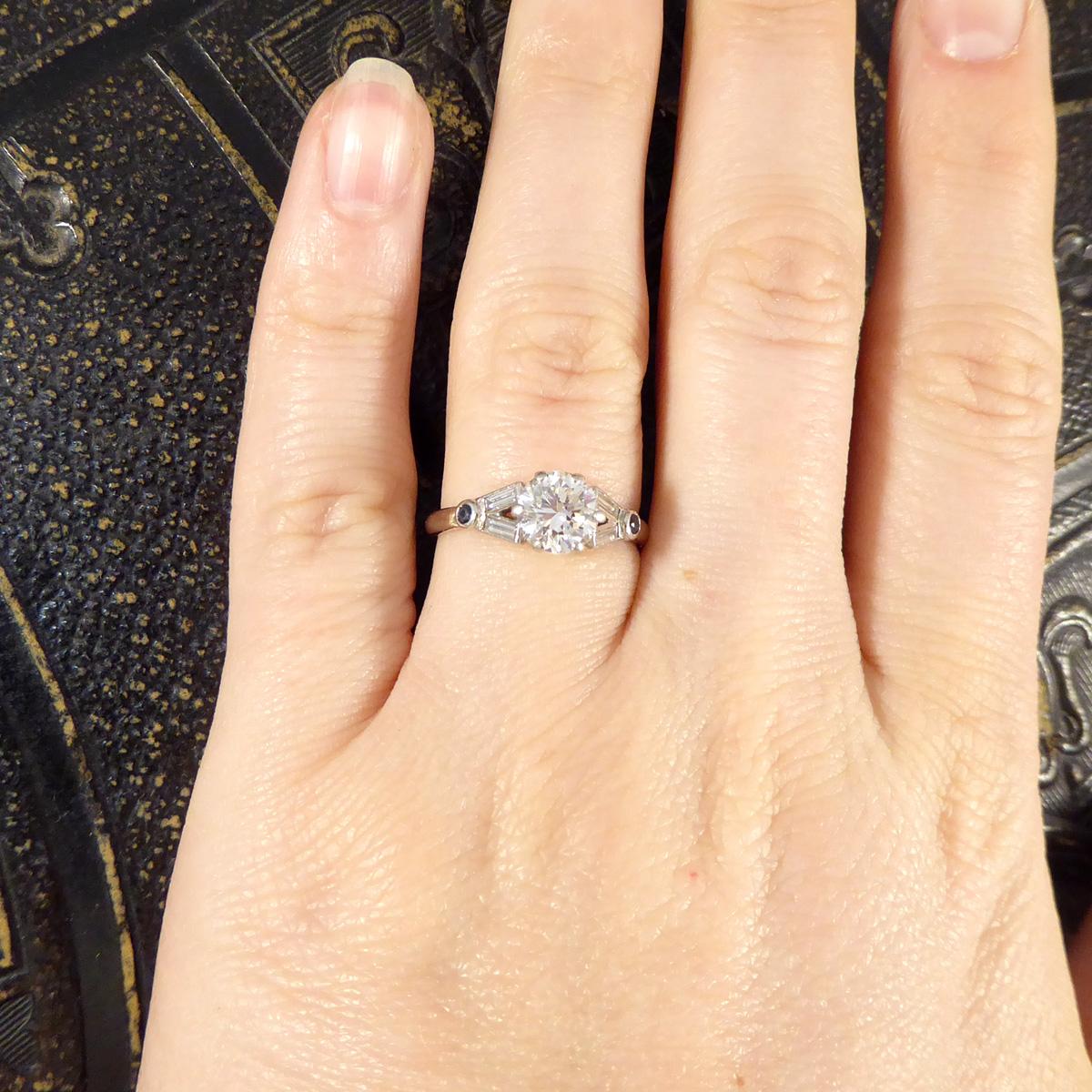 Art Deco 1.10 Carat Diamond Engagement Ring with Diamond & Sapphire in Platinum For Sale 3