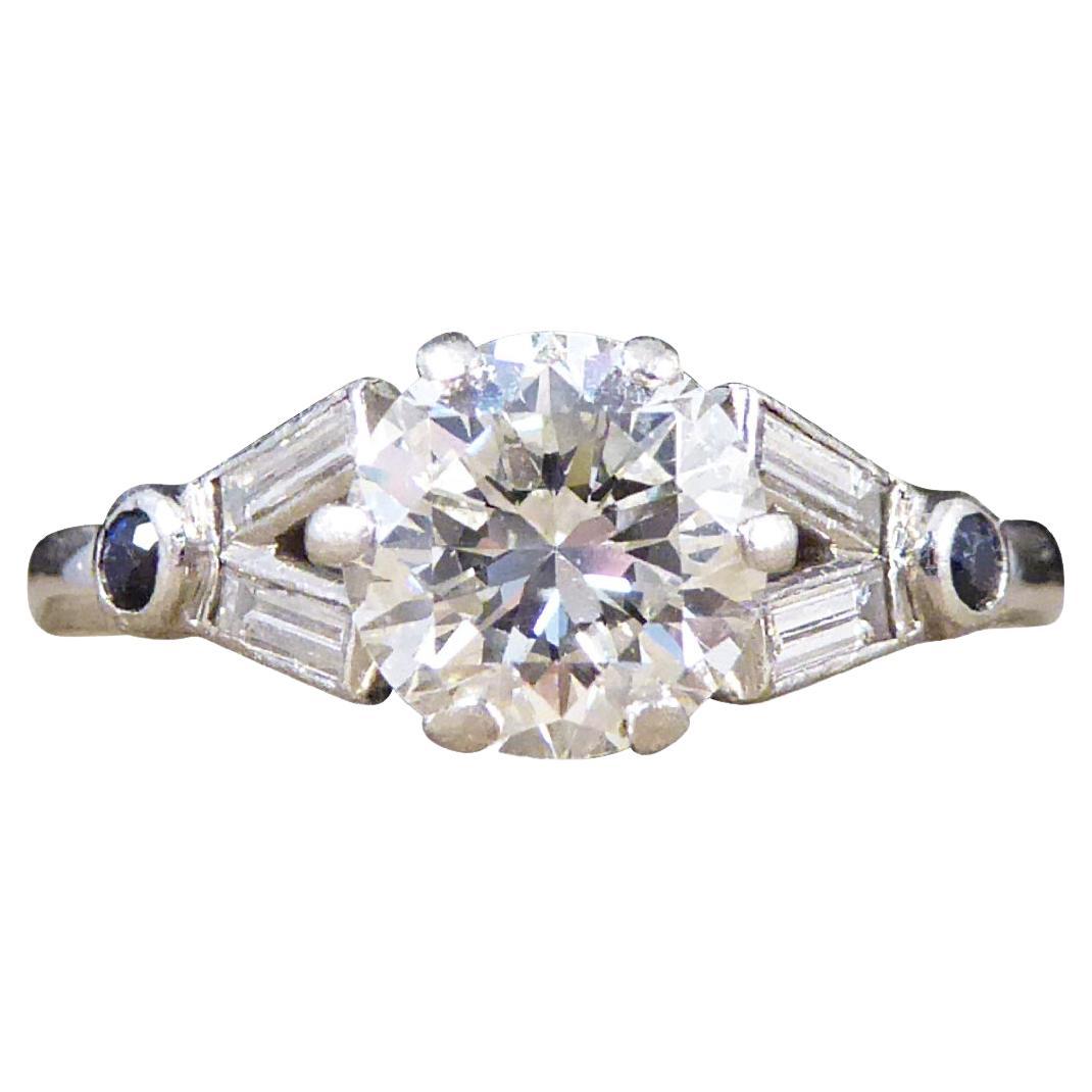 Art Deco 1.10 Carat Diamond Engagement Ring with Diamond & Sapphire in Platinum For Sale