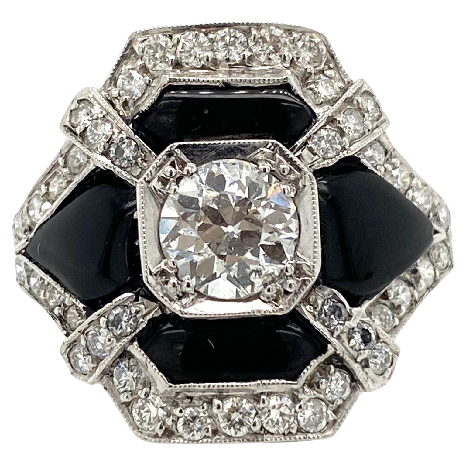 Art Deco 1.10ct Old European Cut Diamond & 1.38ct Diamond Platinum Ring For Sale