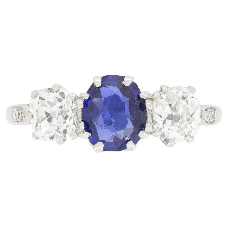 Art Deco 1.10ct Sapphire and Diamond Three Stone Ring, C.1920s