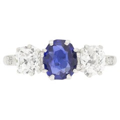 Antique Art Deco 1.10ct Sapphire and Diamond Three Stone Ring, C.1920s