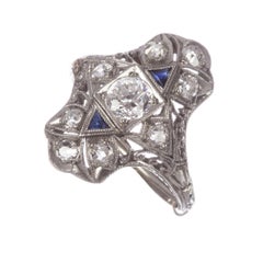 Art Deco 1.12 Carat Diamond and Blue Sapphire Platinum Wedding Ring